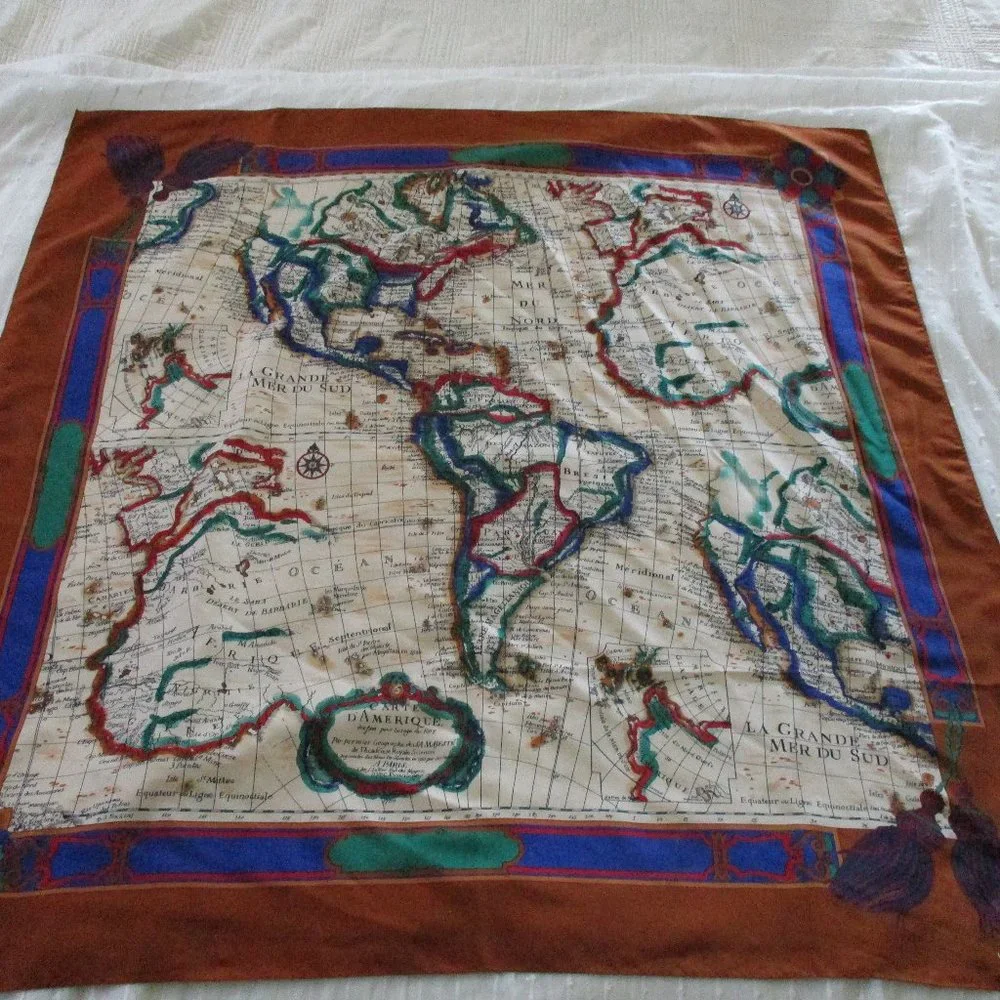 Vintage Brown Cream Blue Map Print Silk Scarf